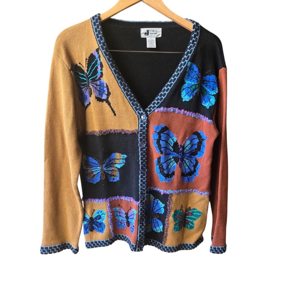 Vintage JTwo Embroidered Beaded Butterfly Cardigan‎ Large